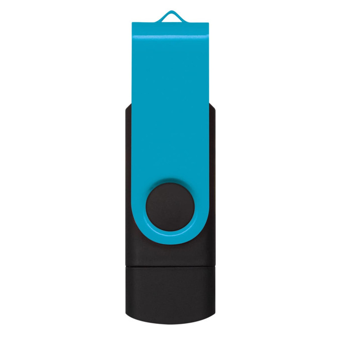 A dual flash drive with a turquoise and black design, featuring a twist mechanism and a logo.