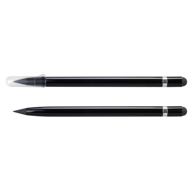 Two black stylus pens, one with a clear cap and a pointed tip, the other with a rounded tip. Both have a silver band.