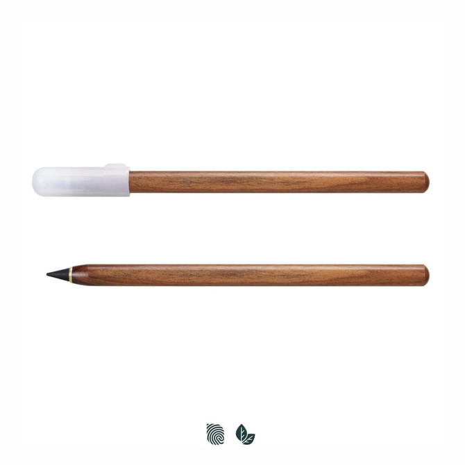 A metal pen with a wooden finish, featuring a clear cap and a black tip, along with subtle branding elements.