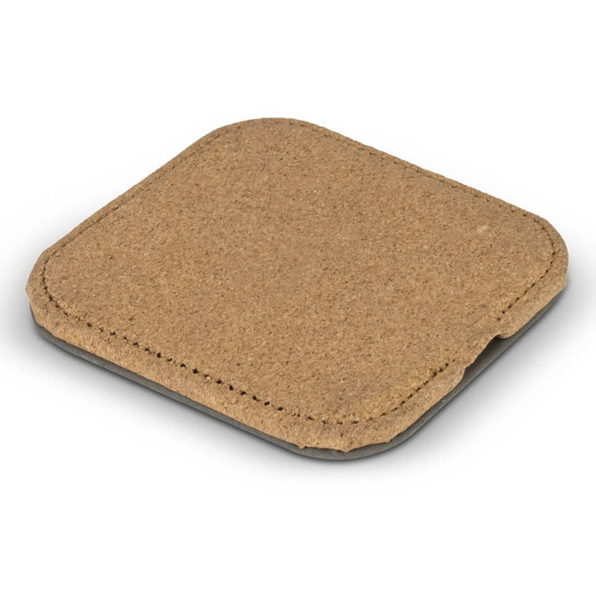 A square wireless charger with a natural brown cork surface and rounded edges, featuring a simple design.