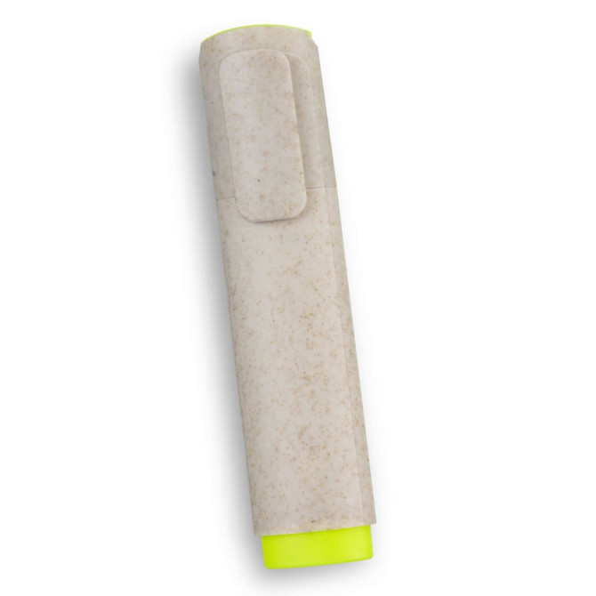 A highlighter in a light beige casing with a bright yellow tip. It features a clip for easy attachment.