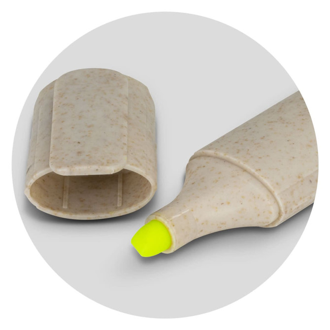 A highlighter with a yellow tip and a speckled beige body, featuring a removable cap and a minimalist design.