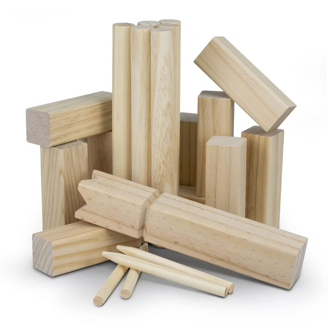 A collection of wooden blocks in various shapes and sizes, featuring a natural finish and light timber colour.