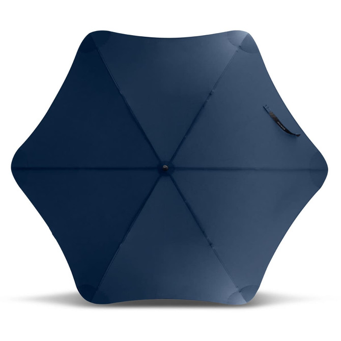 A navy blue sport umbrella with a unique hexagonal shape and a handle, featuring a logo.