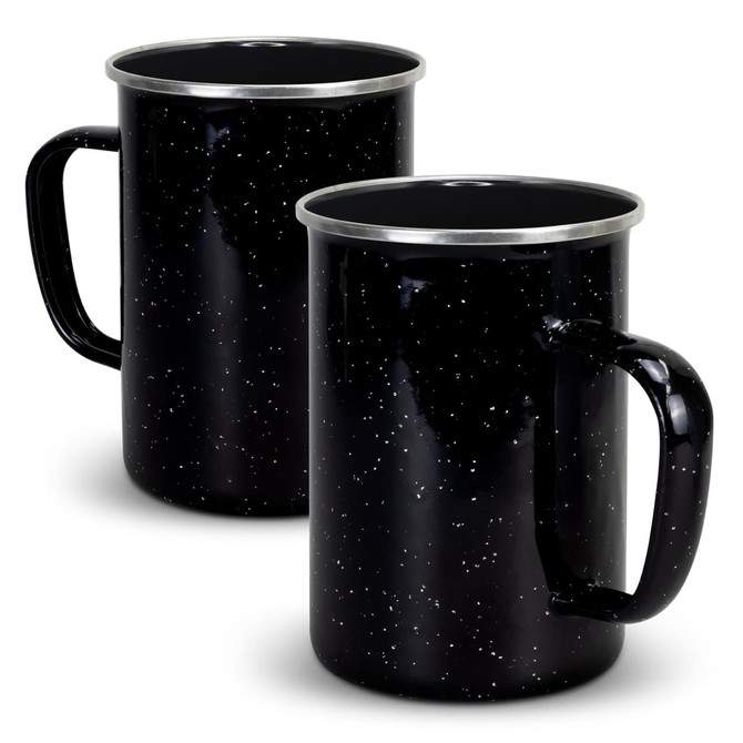 A drinkware set featuring two black enamel mugs with a speckled design and metal rims.