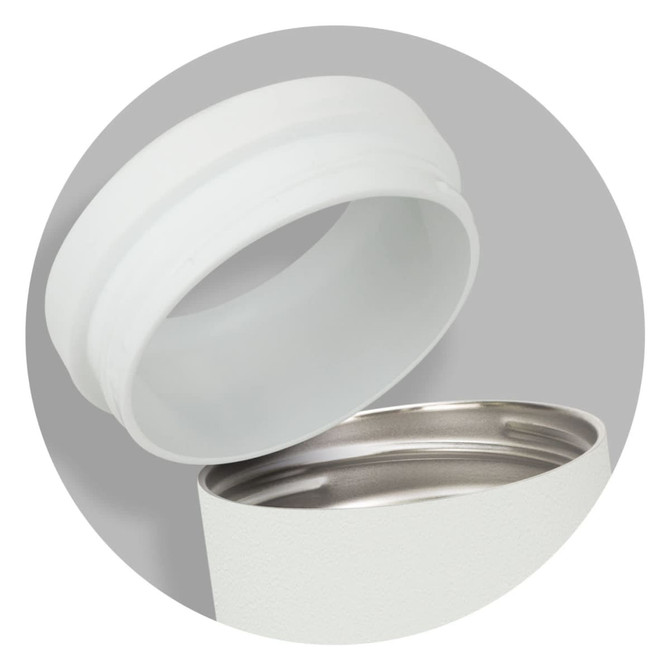 A drink bottle in white with a stainless steel interior and a removable lid, featuring a small logo.