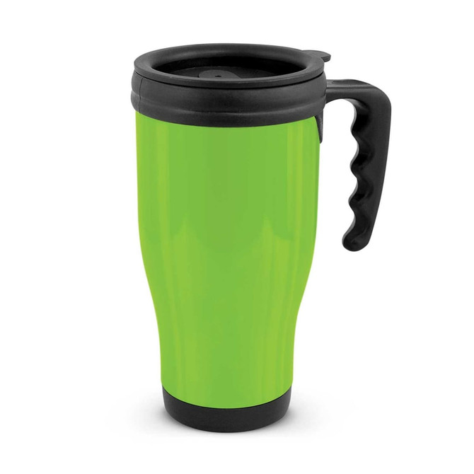 A drink bottle featuring a vibrant green exterior with a black lid and handle, designed for on-the-go use.