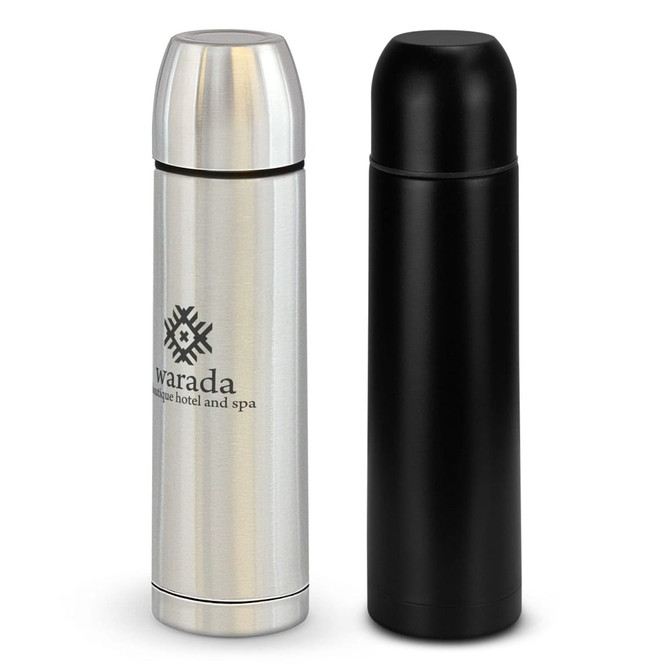 A drink bottle set featuring a silver stainless steel flask and a black flask, each with a logo.