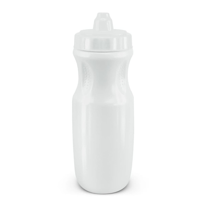A drink bottle in a sleek white design featuring a tapered body, a secure screw-on lid, and a spout for easy sipping.