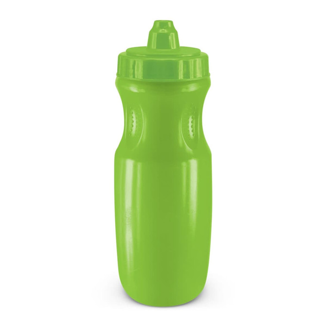 A drink bottle in vibrant green color with a push-pull cap design, featuring a contoured shape for easy grip.