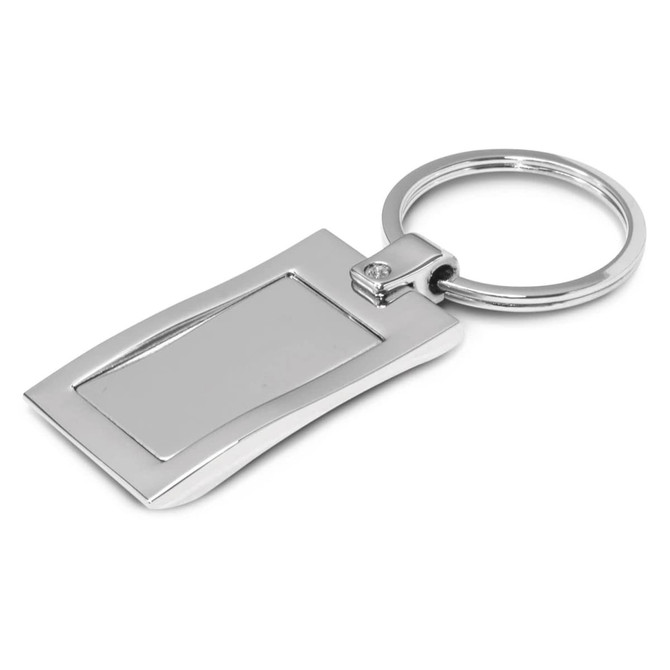 A Wave Metal Key Ring with a sleek silver finish and a rectangular attachment area for customization.