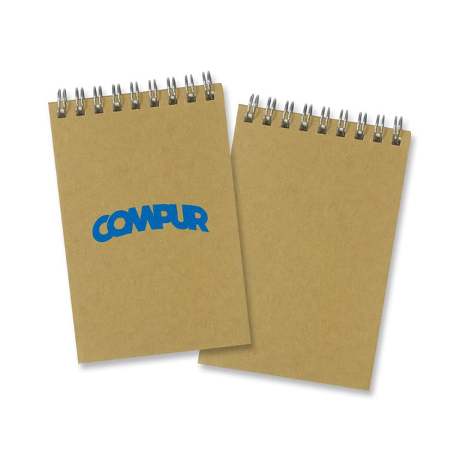 A small Kraft note pad featuring a blue logo on a brown cover, with a spiral binding at the top.