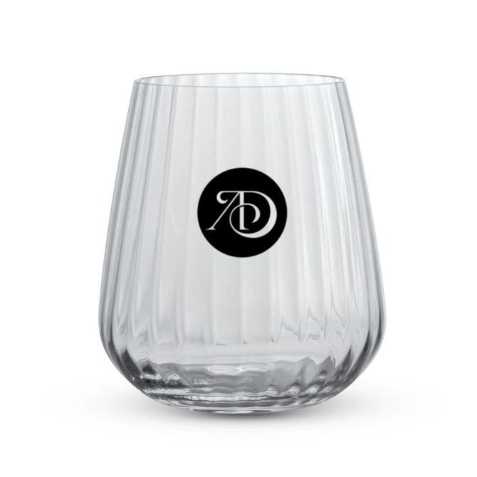 A clear, ribbed glass tumbler with a circular logo. Ideal for serving beverages.