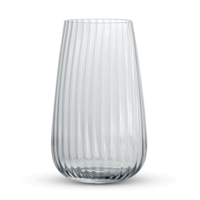 A clear, ribbed glass tumbler with a slightly tapered shape and a smooth base. It features a logo on the side.