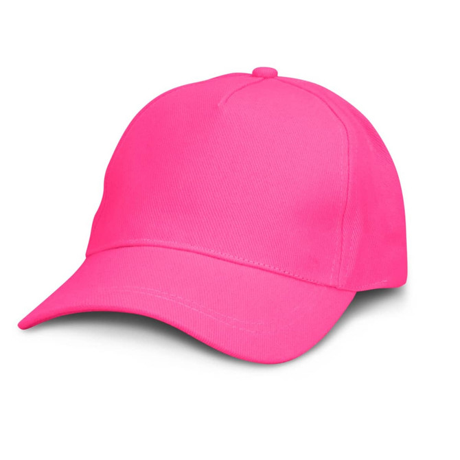 A pink cap with a curved brim and a fitted design, featuring a logo on the front.