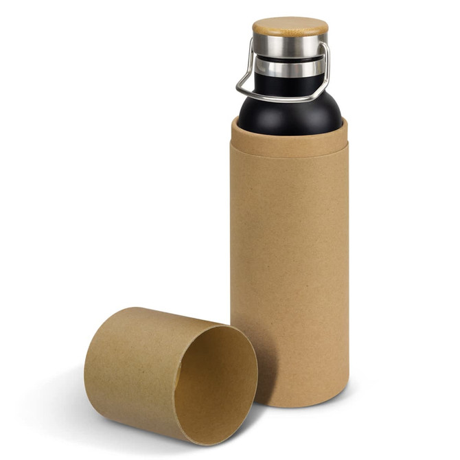 A drink bottle with a black body and silver lid, presented in a brown cardboard tube.