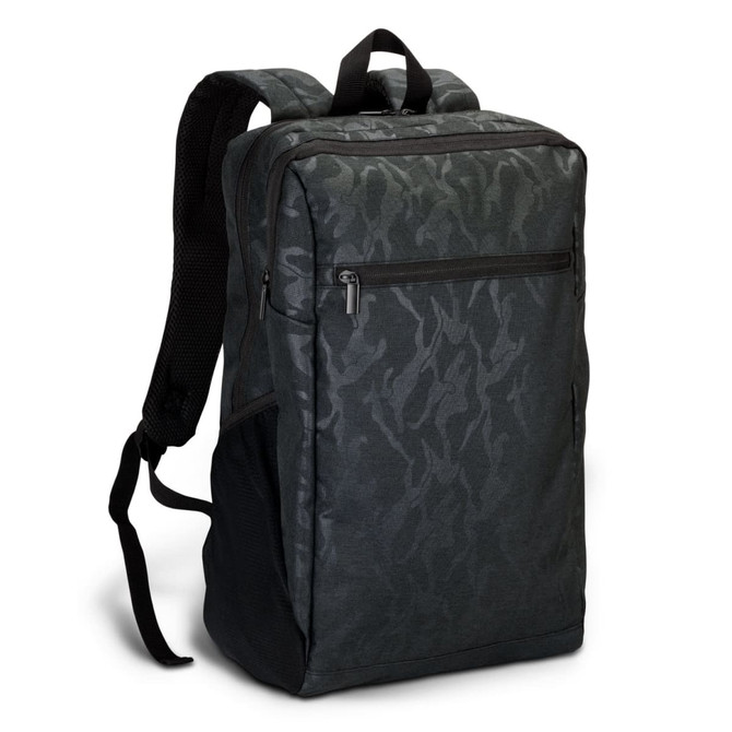 A dark green camouflage backpack with a sleek design and padded straps, featuring a logo and multiple compartments.