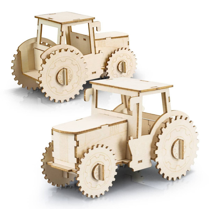 A wooden model of a tractor in natural wood colour, featuring detailed wheels and an open cabin design.