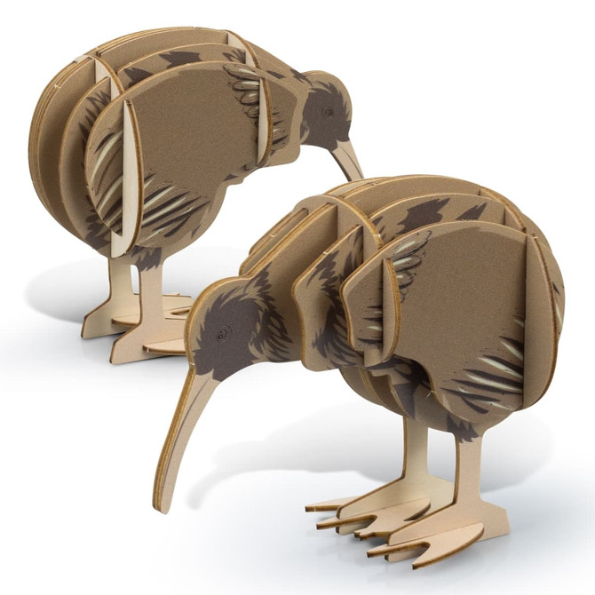 A wooden model of a kiwi bird in brown hues, featuring layered cutouts and a minimalistic design.