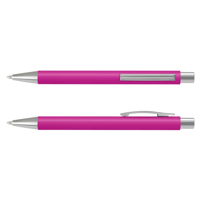 A pink soft-touch pen with a shiny silver trim and a clip, featuring a sleek design and a branding logo.
