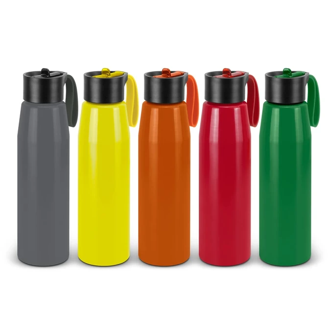 A drink bottle collection featuring grey, yellow, orange, red, and green aluminium bottles with black caps and handles.
