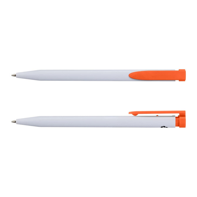 A recycled plastic pen in white with orange accents, featuring a logo on the side.