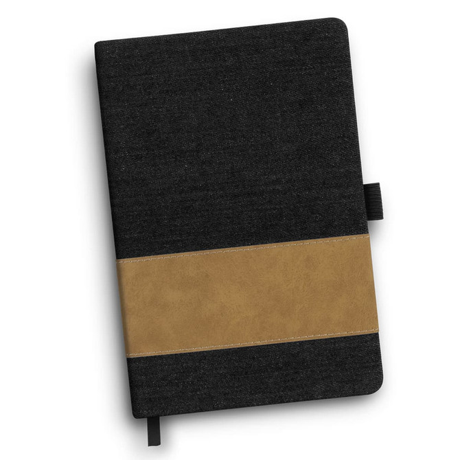 A denim notebook in dark grey with a tan leatherette band and a ribbon bookmark. It features a branding logo.