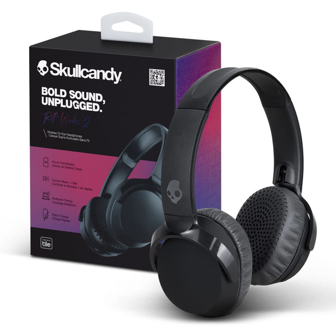 Black wireless headphones displayed alongside their packaging, featuring a logo and a sleek design.