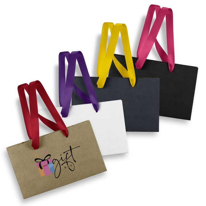 Four small ribbon handle paper bags in black, white, brown, and purple, each with matching ribbon handles and a logo.