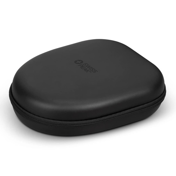 A black hard-shell case featuring a brand logo, designed for wireless headphones.