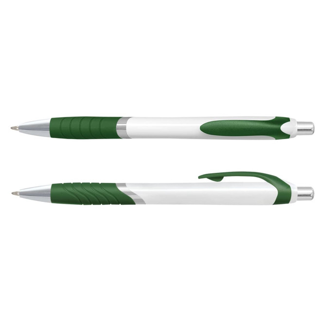 A plastic pen with a white barrel and green accents, featuring a grip and clip. Some branding is visible.