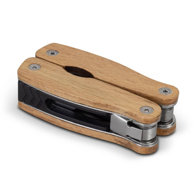 A wooden multi-tool with a light brown wooden handle and stainless steel components, featuring a compact folding design.