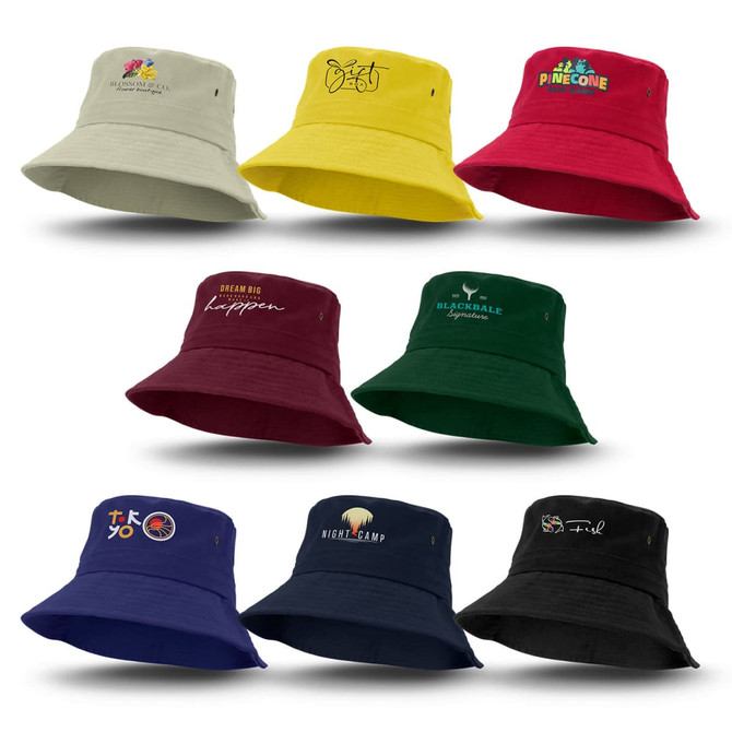 A collection of eight bucket hats in various colours, featuring different designs and a logo on each hat.