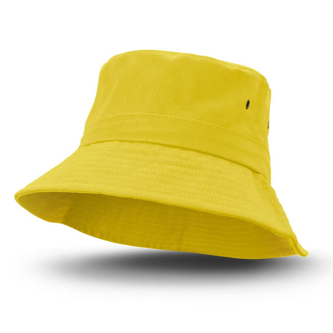 A bright yellow bucket hat with a wide brim and two ventilation eyelets. The design features a logo on the side.