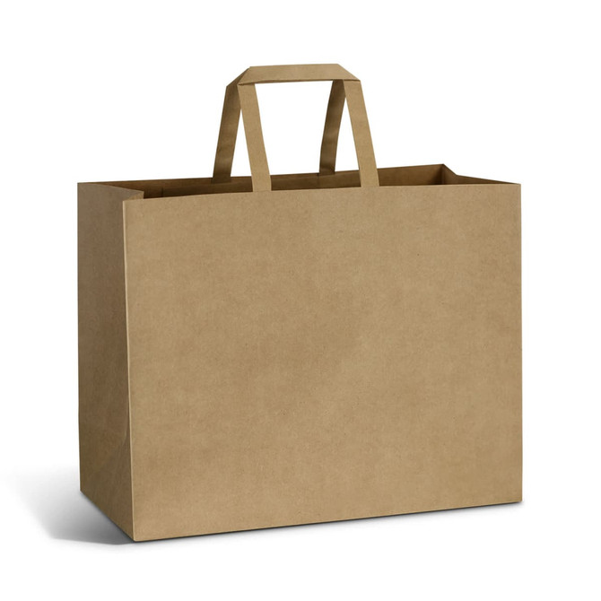 A large flat handle paper bag in brown, featuring two sturdy handles for easy carrying.