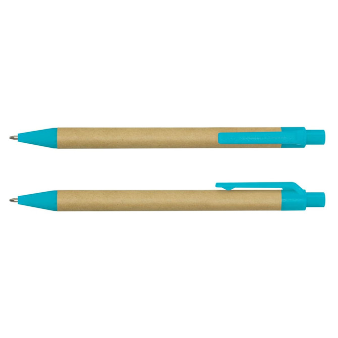 A blue and brown Kraft Pen, featuring a plastic barrel and grip with a matching top.