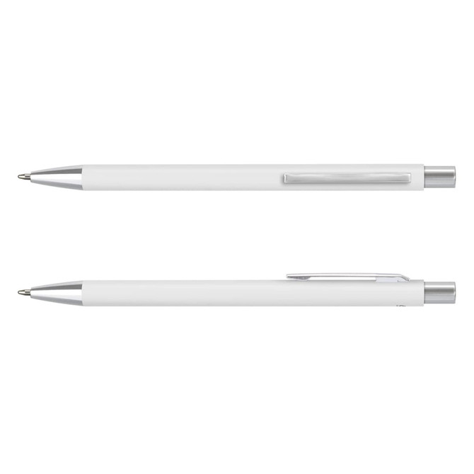 A metal pen featuring a sleek white body and silver accents, with a clip for easy attachment.
