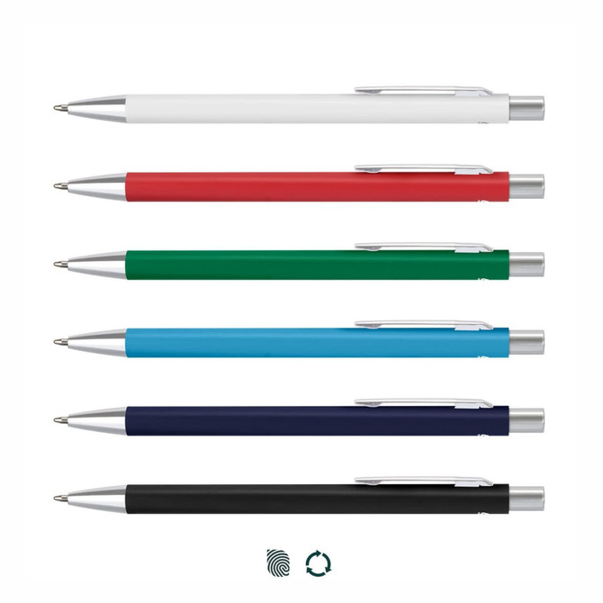 A collection of six metal pens in white, red, green, blue, navy, and black, each featuring a silver clip and accents.