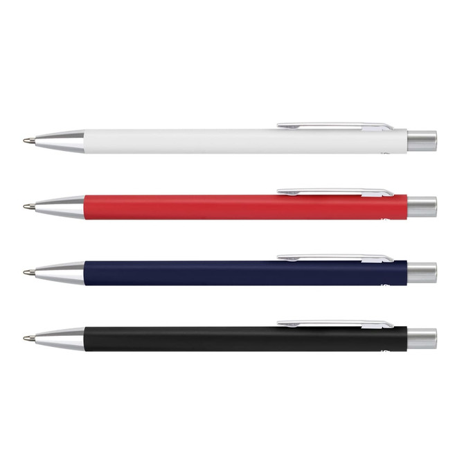 A set of four metal pens in white, red, navy blue, and black, each featuring a silver clip and detailing.