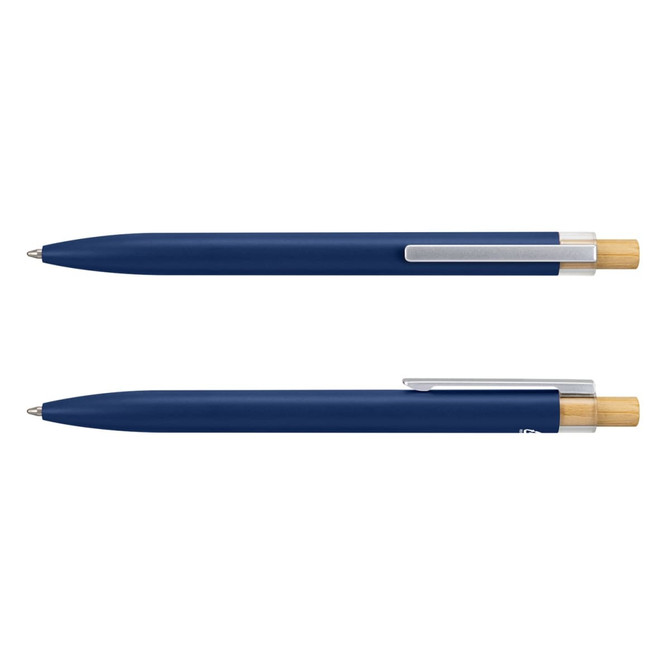 A blue metal pen with a bamboo accent and a silver clip, featuring a branding logo.