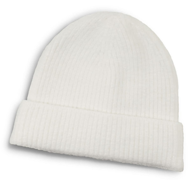 A white beanie with a ribbed texture and a folded cuff, featuring a logo.
