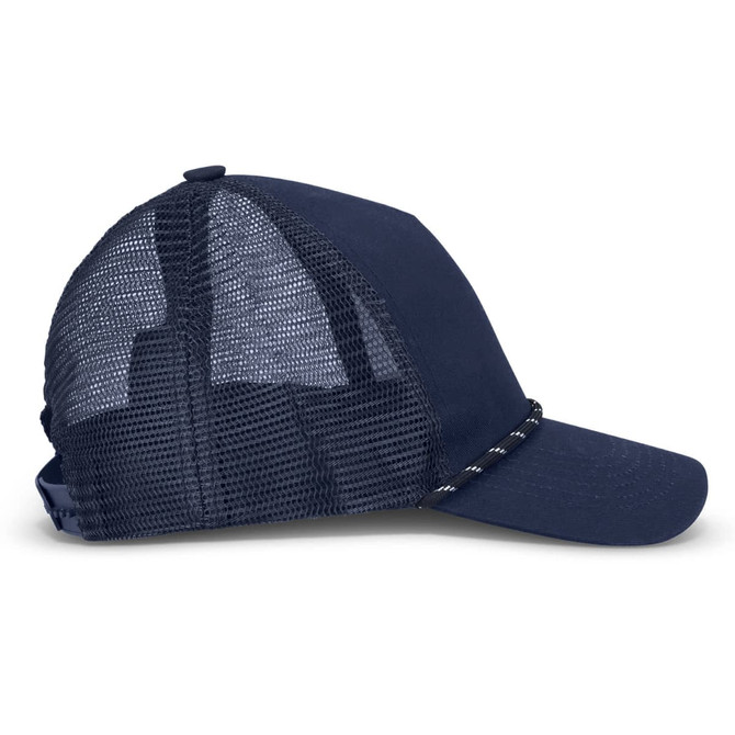 A navy trucker cap featuring a mesh back and a decorative band along the brim, with a logo on the side.