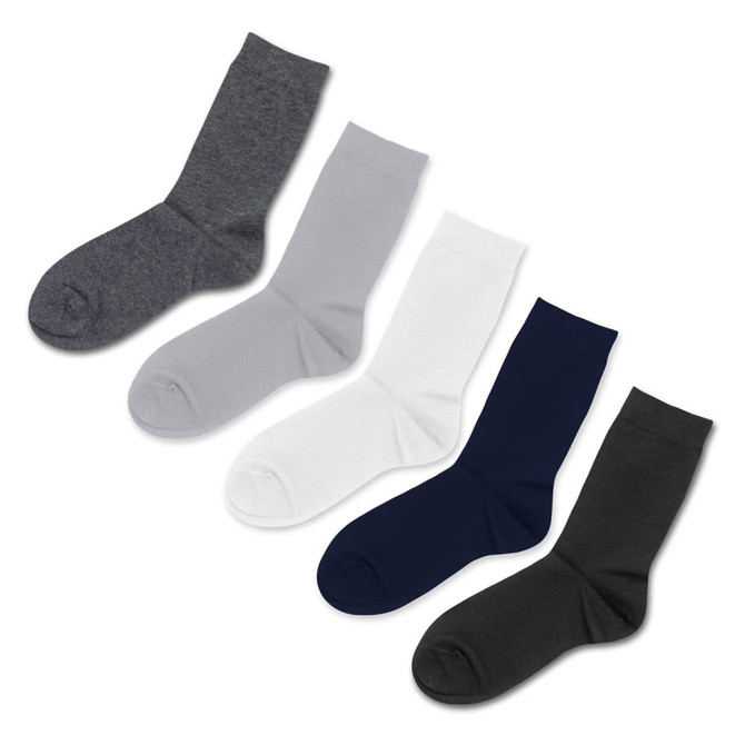 Four pairs of socks in grey, light grey, white, navy, and black. Each pair has a simple design and includes branding.