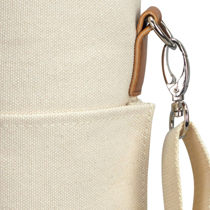 A wine cooler bag in cream colour, featuring a leather strap and clip, ideal for transporting beverages.