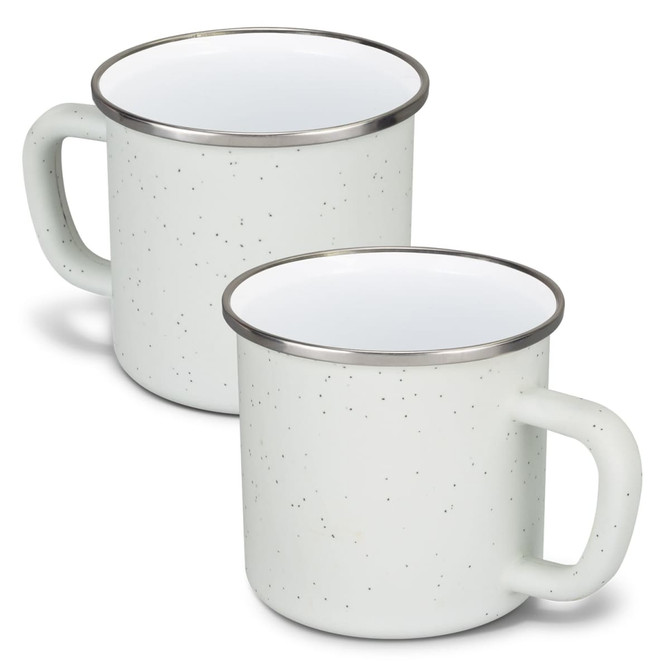 A matte enamel mug in pale green with a silver rim, featuring a handle and a speckled design.
