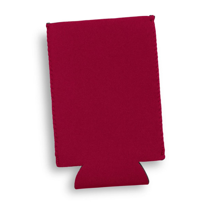 A maroon slim can cooler with stitching details and a bottom cutout, featuring a logo.