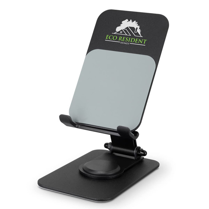 A black metal phone and tablet stand with a grey backing and a logo on the front.