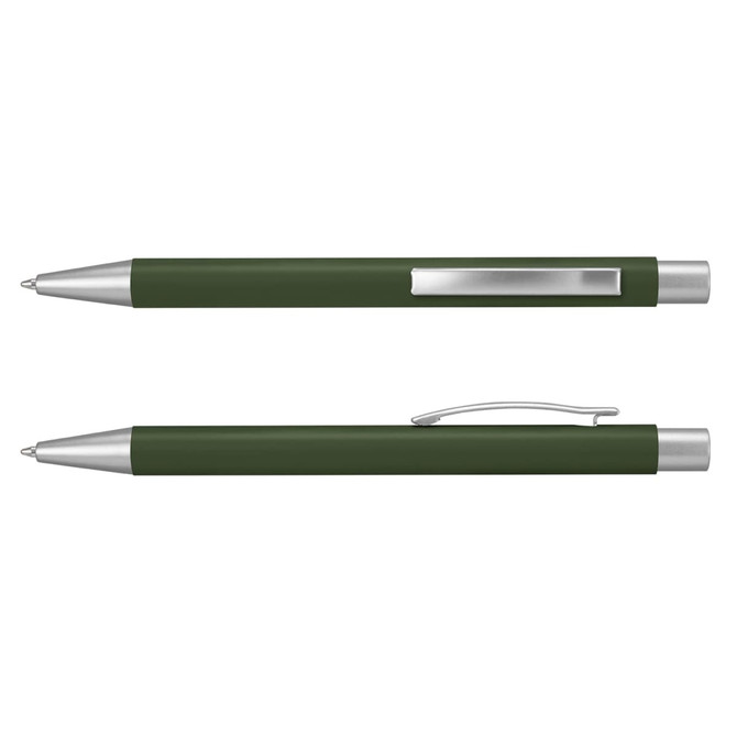 A metal pen in a matte green finish with silver accents and a clip. It features a sleek, modern design.