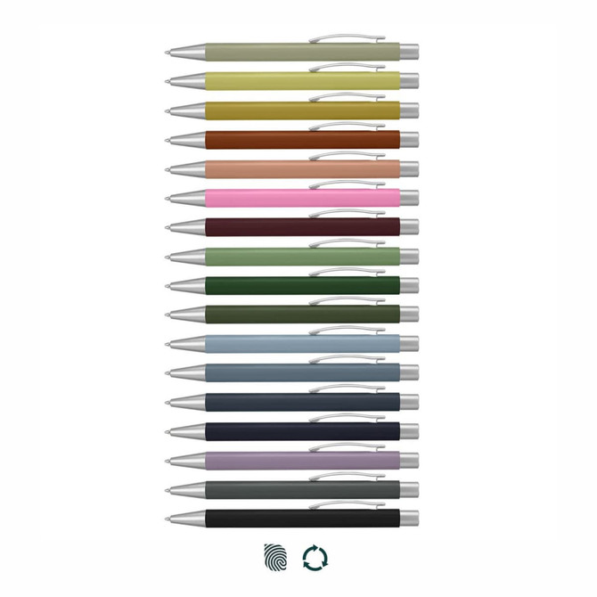 A collection of metal pens in various colours, featuring silver accents and a logo on each pen.