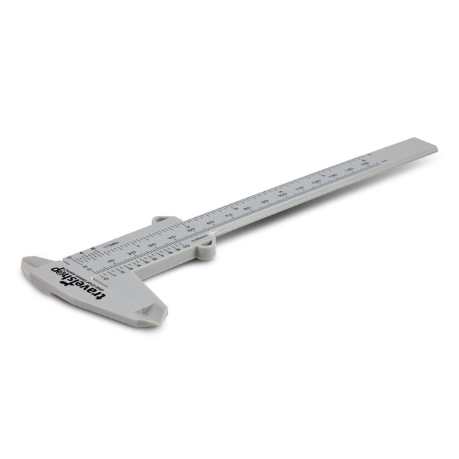 A Vernier caliper with a gray body, featuring both metric and imperial measurement scales for precision measurement.